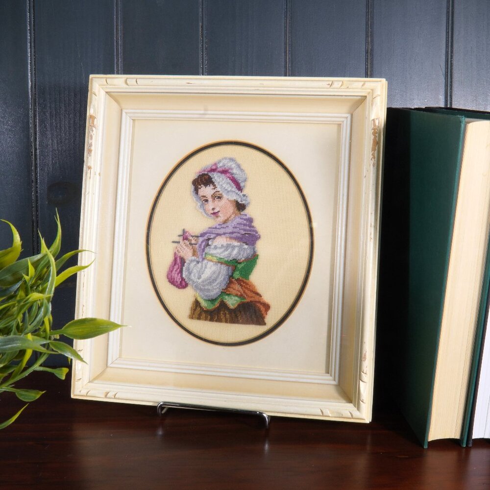 Vintage 1950s Needlepoint Art Professionally Framed Fiber Art Textile Wall Art